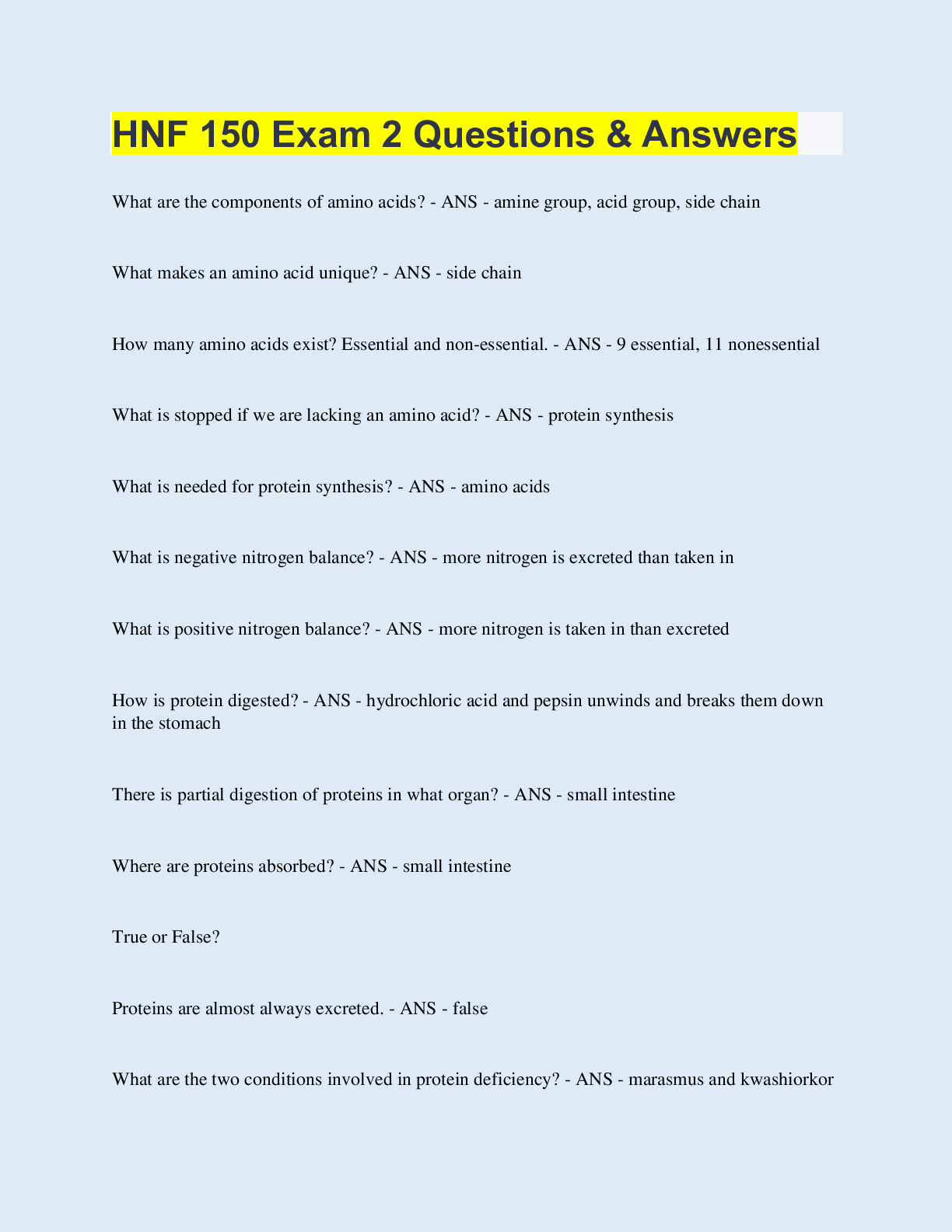 Preview image for HNF 150 Exam 2 Questions & Answers | 100 Questions with 100% Correct Answers | Updated & Verified